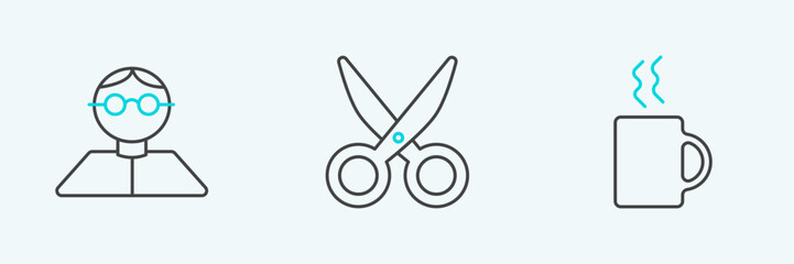 Set line Coffee cup, Student and Scissors icon. Vector
