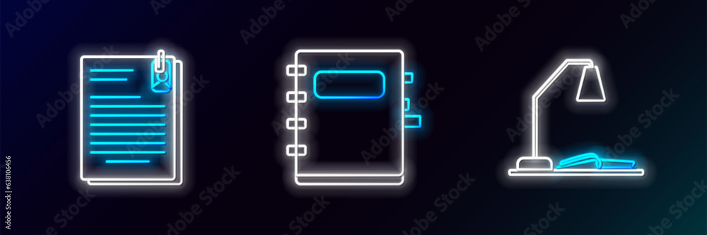 Poster set line workplace with table lamp and open book, file document paper clip and notebook icon. glowin