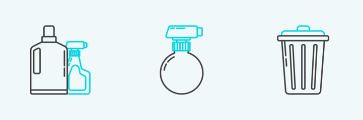 Set line Trash can, Plastic bottles for liquid dishwashing liquid and icon. Vector