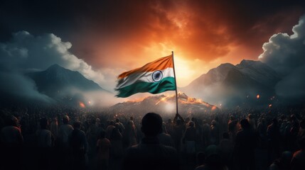 Crowd of people waving the indian flag