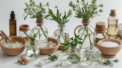 Aromatic water in bowl, flowers and bottles of essential oil on white background, flat lay
