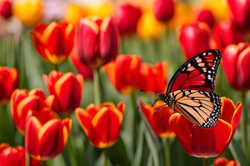 A captivating sight of red tulips and a fluttering butterfly set against a backdrop of red and...