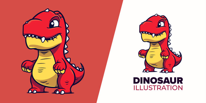Cute red baby dinosaur cartoon: Vector Icon Illustration Depicting an Isolated Flat Cartoon Style