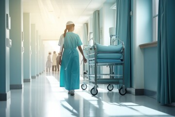 Female nurse pushing a trolley through a corridor
