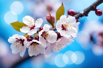 Cherry blossoms on a spring branch against a blurred blue backdrop with particles