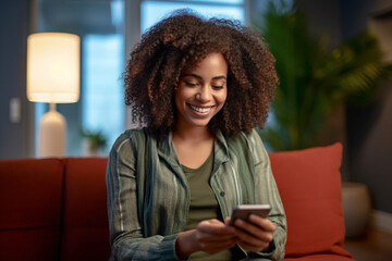 Smiling young latin woman using smartphone at home. Happy african american young woman using mobile phone browsing social networks or messaging. Generative AI - obrazy, fototapety, plakaty
