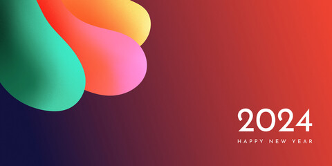 2024 Happy New Year bold banner design with modern grain gradient. Colorful New Year's Eve celebration background with trendy 3D abstract shapes.