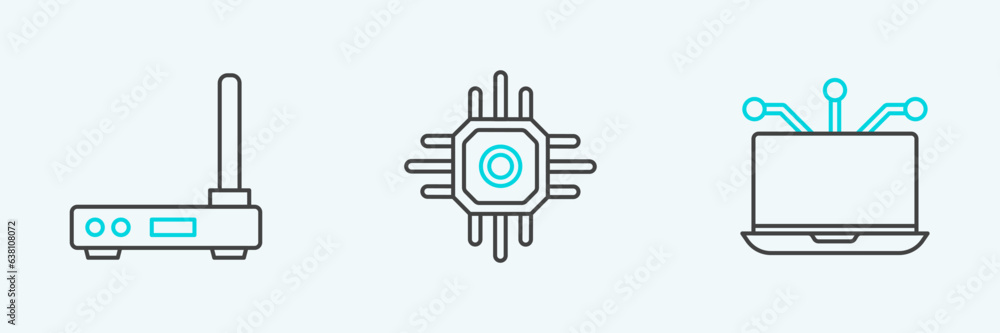 Poster set line laptop, router and wi-fi signal and processor icon. vector