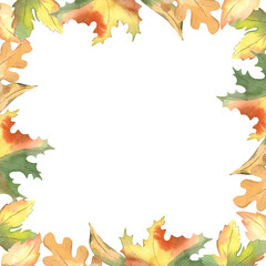 Autumn frame with golden autumn leaves watercolor background. Botanical illustration. isolated on white. For Thanksgiving, harvest day, autumn farm fair, halloween.