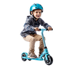 Little preteen boy riding a scooter in a protective helmet on transparent background.