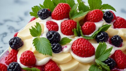 Milk swirl or cream flow with realistic fresh strawberries, blackberries and raspberries