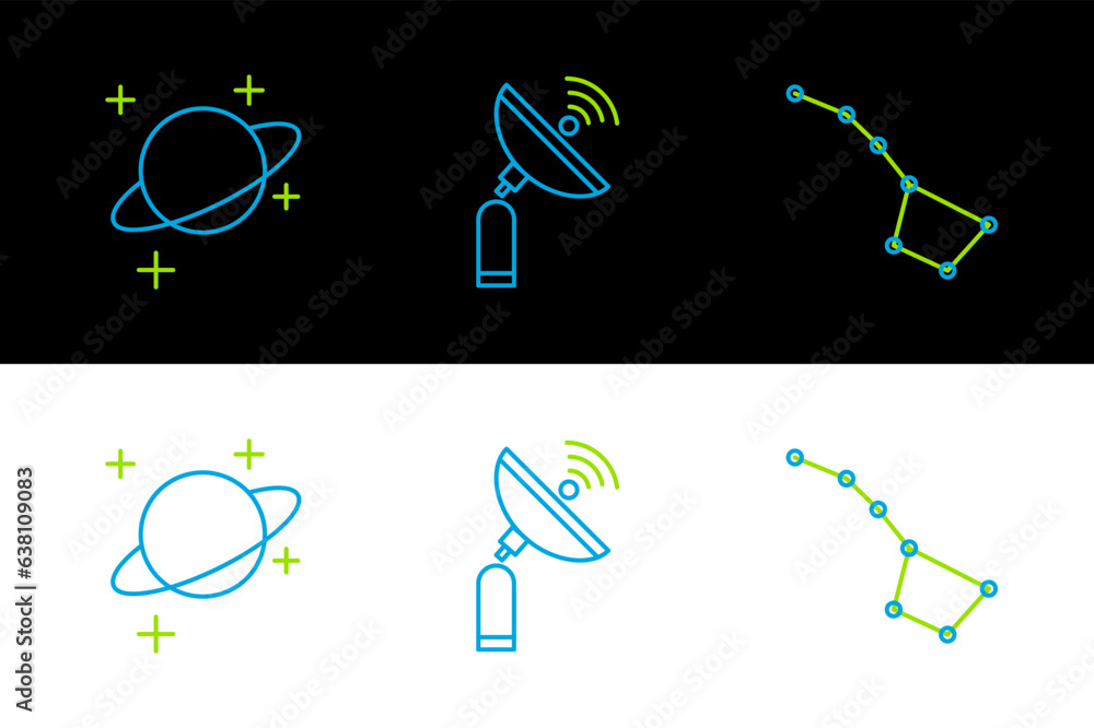 Poster set line great bear constellation, planet and radar icon. vector