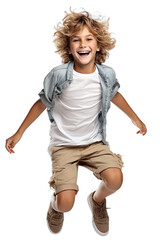 Boy happiness childhood freedom movement jumping in air wearing casual clothes no background.