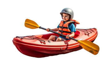 Rowing. young boy kid Beginner kayaker in red canoe on transparent background.