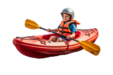 Rowing. young boy kid Beginner kayaker in red canoe on transparent background.