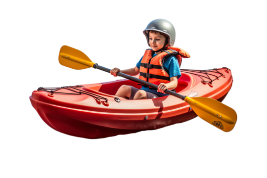 Rowing. young boy kid Beginner kayaker in red canoe on transparent background.