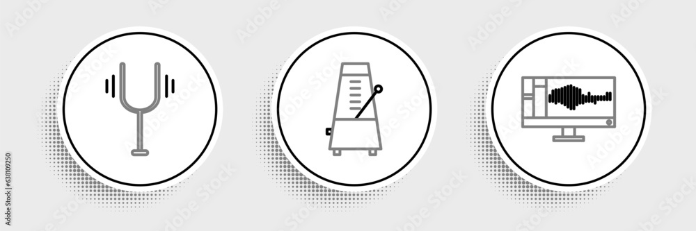 Poster set line sound or audio recorder on monitor, musical tuning fork and metronome with pendulum motion 