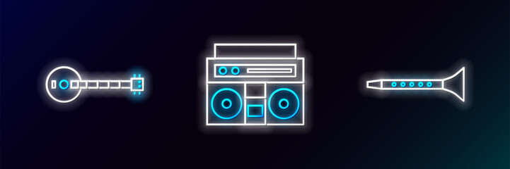 Set line Clarinet, Banjo and Home stereo with two speakers icon. Glowing neon. Vector