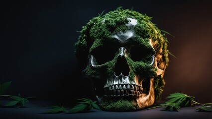 Metal skull covered in moss, marijuana leaves lying nearby, black background with warm light source on the right side