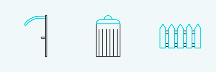 Set line Garden fence wooden, Scythe and Trash can icon. Vector