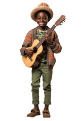 Happy little African boy in casual attire holding guitar with no background.