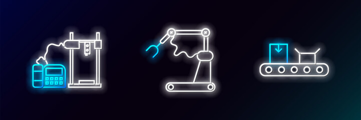 Set line Conveyor belt with cardboard box, 3D printer and Industrial machine robotic robot arm hand factory icon. Glowing neon. Vector