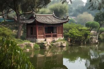 Fototapeta premium Chinese style lake house in China