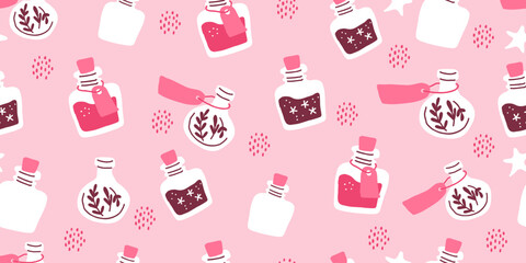 Pink pattern with potion bottles. Witch pattern in hand drawn style, suitable for pink Halloween party, valentines day. Vector illustration