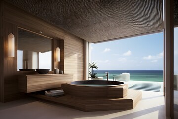 Bathroom interior with large jacuzzi, overlooking the ocean in hotels on a paradise island. Thailand. Bali