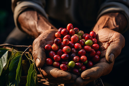 Robusta and arabica coffee berries with agriculturist hands