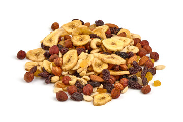 Mixed Nuts with raisins, isolated on white background.