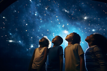 Group of children gazing up at a planetarium ceiling full of stars.  - obrazy, fototapety, plakaty
