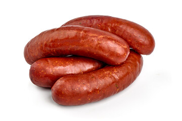 Smoked german pork sausages, isolated on white background.