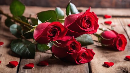 Red rose flowers bouquet on wooden background