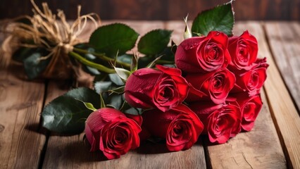 Red rose flowers bouquet on wooden background