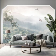 Fototapeta premium A cozy living room with a loveseat sofa, a wall adorned with a mountain painting, and a lush potted plant adding a tranquil touch to the space, illuminated by the natural light streaming through the 