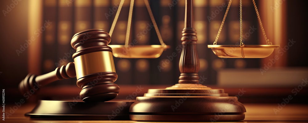 Sticker Judicial Gavel and Scales of Justice on background of Court Hall