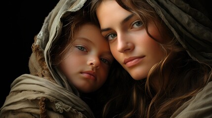 Fototapeta premium A mother gently resting her child's head on her cheek.