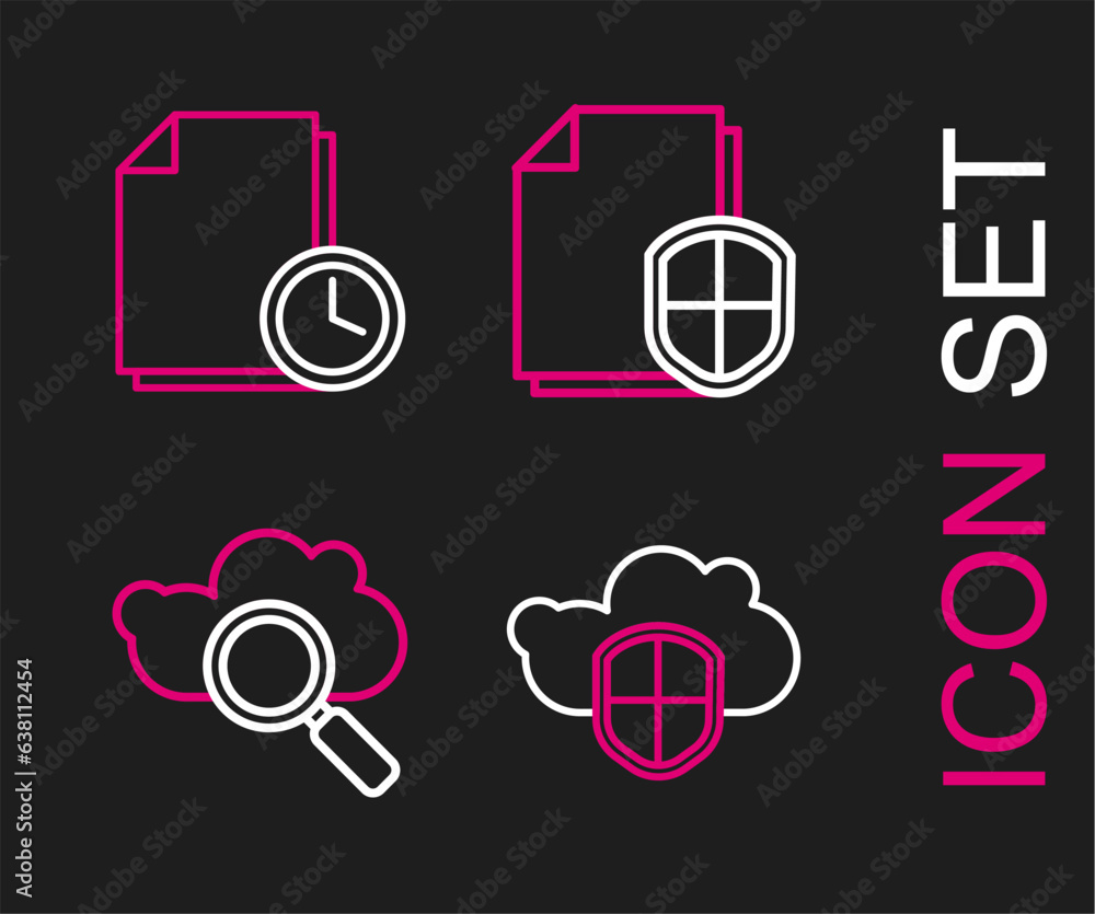 Poster set line cloud and shield, search cloud computing, document protection concept and with clock icon. 