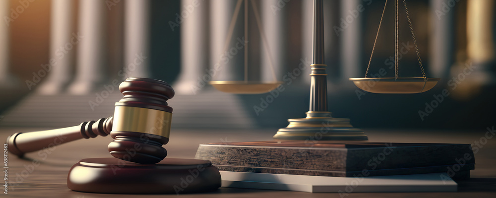 Canvas Prints Judicial Gavel and Scales of Justice on background of Court Hall