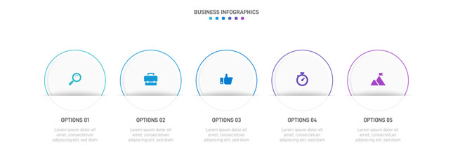 Timeline infographic with infochart. Modern presentation template with 5 spets for business process. Website template on white background for concept modern design. Horizontal layout.