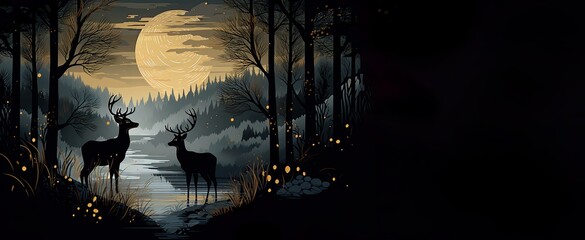 Deers in the forest with golden moon. Black, grey, golden romantic deer in an outdoor landscape. Night sky and water. Illustration card.