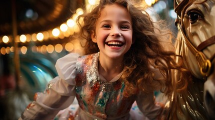 The joy of a young girl riding a moving merry-go-round.