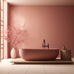 A pink bathtub sits against a wall of vibrant indoor plants, creating a lush, dreamy oasis within the home