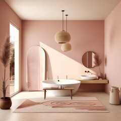 This vibrant pink bathroom exudes warmth and luxury, combining a modern design with classic touches such as a luxurious bathtub, a cozy rug, and a stylish mirror