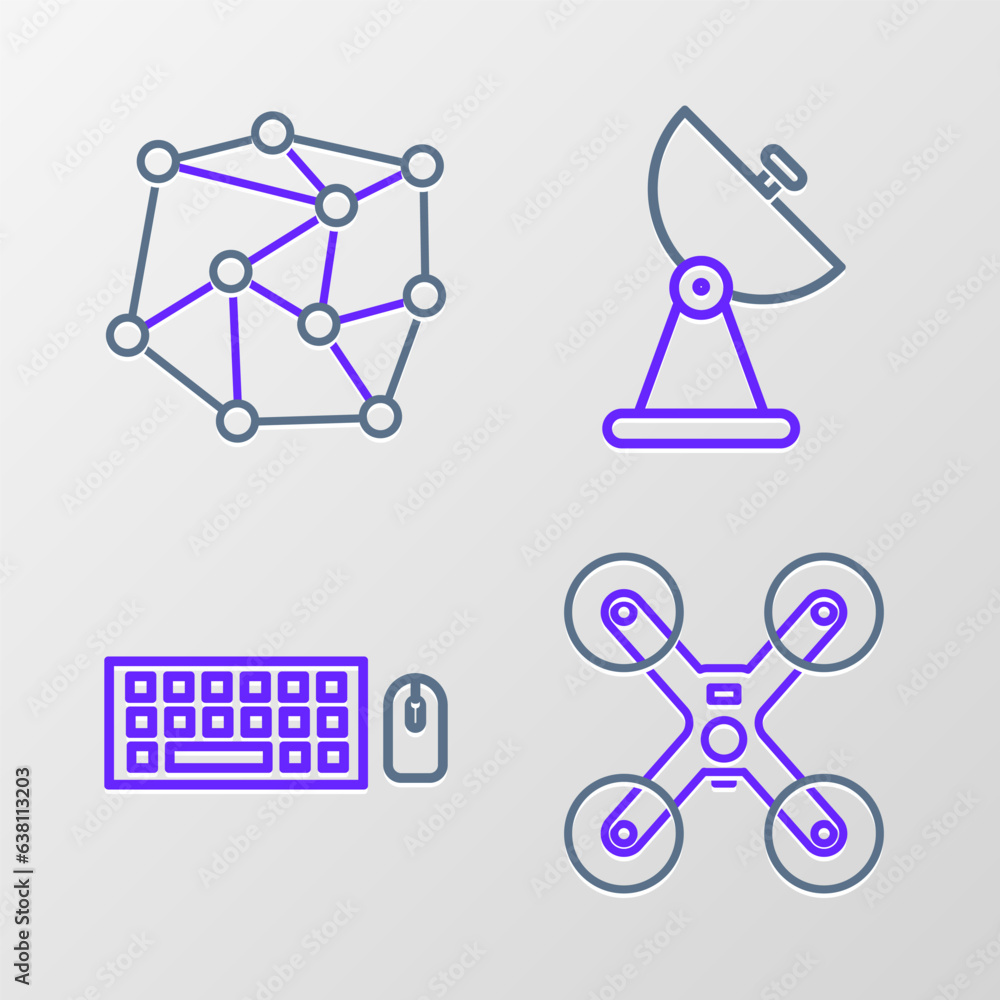 Poster set line drone flying, keyboard and mouse, radar and neural network icon. vector