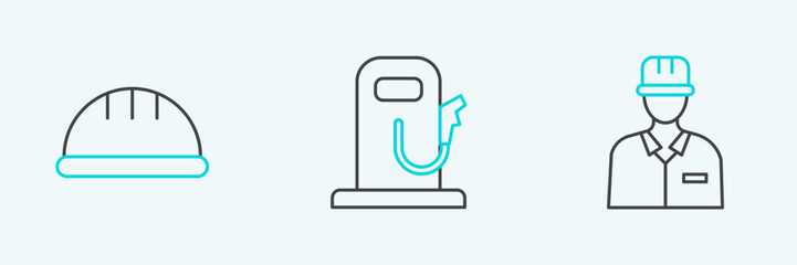Set line Oilman, Worker safety helmet and Petrol gas station icon. Vector