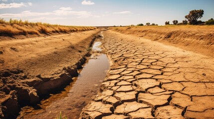 Agricultural canal that has become arid and barren due to prolonged drought and heat waves. - obrazy, fototapety, plakaty