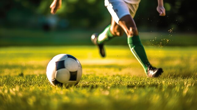 Close-up of soccer player running to hit the ball.