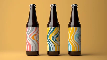 Fotobehang Three Beer Bottles with Bright Abstract Labels © Nick Alias